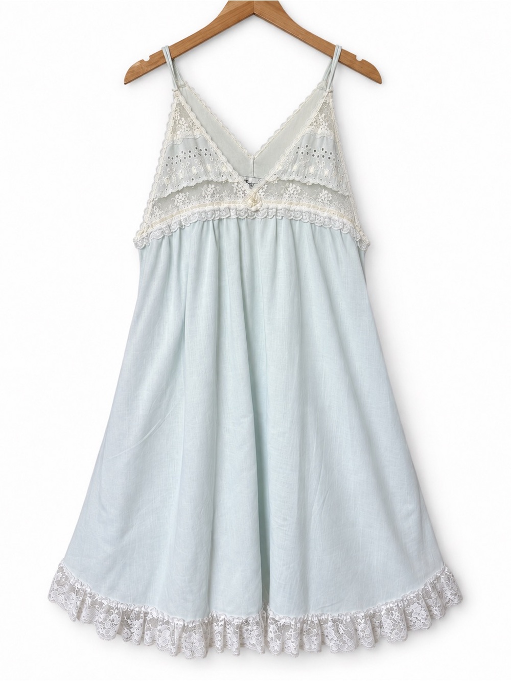 Vintage Christian Dior Lingerie Nightgown Petite Blue Lace Eyelet Babydoll Small